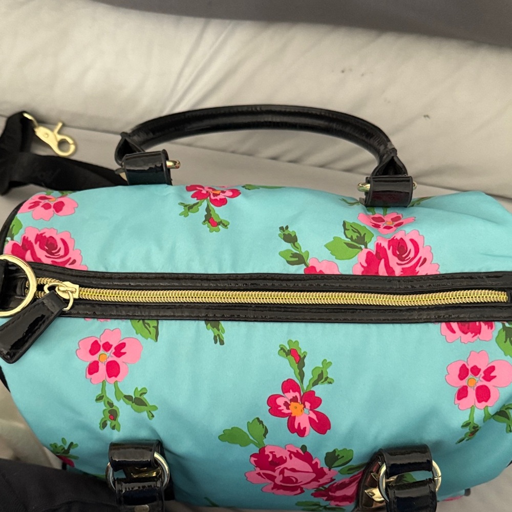 Betsey Johnson Turquoise Satchel with Pink Rose Print - Picture 3 of 7